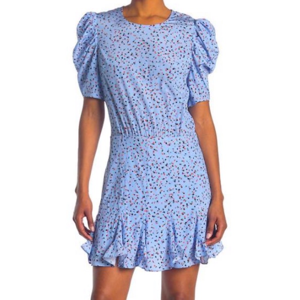 Veronica Beard Light Blue Floral Puff-Sleeve Mini Dress